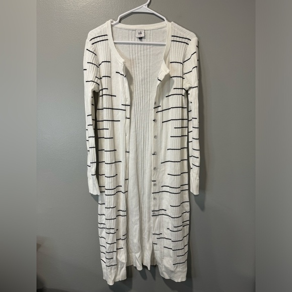 EUC Cabi Dashes Sweater Long Cardigan Size Small White and Black - Picture 2 of 10